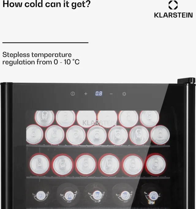 Klarstein Drankkoeler minikoelkast met glazen deur en ledverlichting, minikoelkast voor op de kamer, kleine met 4 uitneembare schappen, kleine koelkast 115 liter, koelkast voor binnen en buiten, stil, 0-22 °C - Drankkoelkast - voor Bar - Touch Zwart