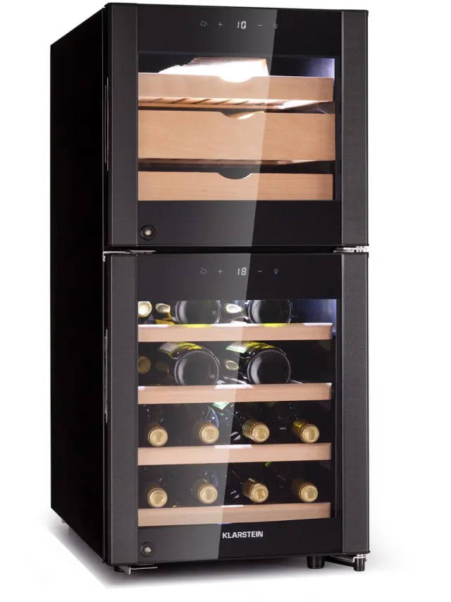 Klarstein kaas- en wijnkoelkast, kleine slanke drankkoelkast, wijnkoelkast met glazen deur, kleine koelkast voor kaas en wijn, met led-display, hygrometer, flessenkoeler , 89 liter - Wijn Bewaarkast - 5-10°C 58 cm - Touch Zwart