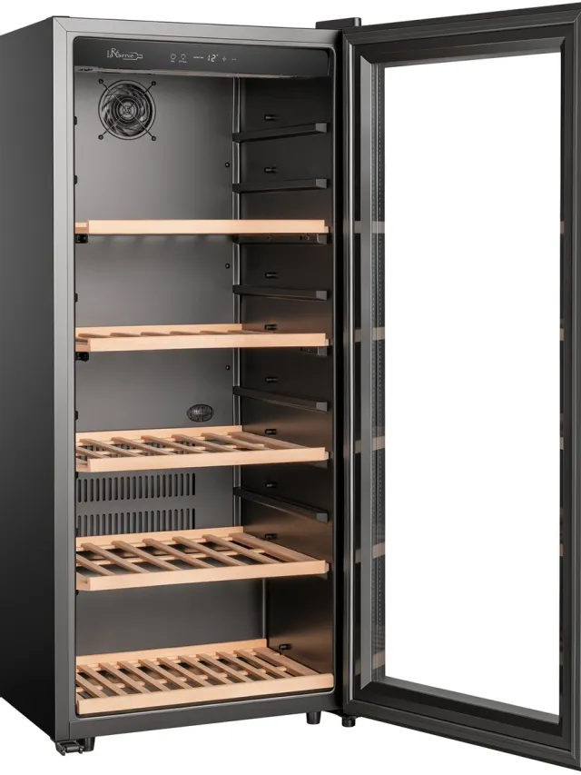 La Réserve RWC1102FN1 - Wijnkoelkast 102 Flessen – Vrijstaand – 1 Zone – Stil 38 dB – LED Display – Houten Leggers – Zwarte Glazen Deur Zwart 1 zone 102 Flessen
