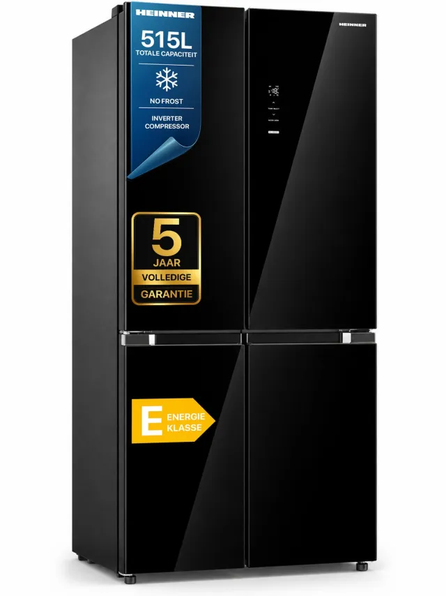 Heinner HSBS-M515MDINVHGBKE++ American Side-by-Side Koelkast 515 L – No Frost – Inverter – Super Freezing – InoxCool-technologie – Zwart Glas – 5 Jaar Garantie
