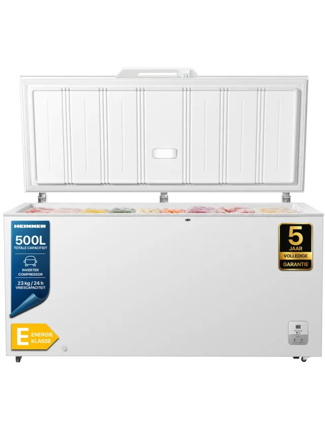 Heinner HCF-HS500EE++ Vrieskist – 500 L – LED-display – Inverter Compressor – Supervriesfunctie – Vergrendelbaar Handvat – Wit – 5 Jaar Garantie
