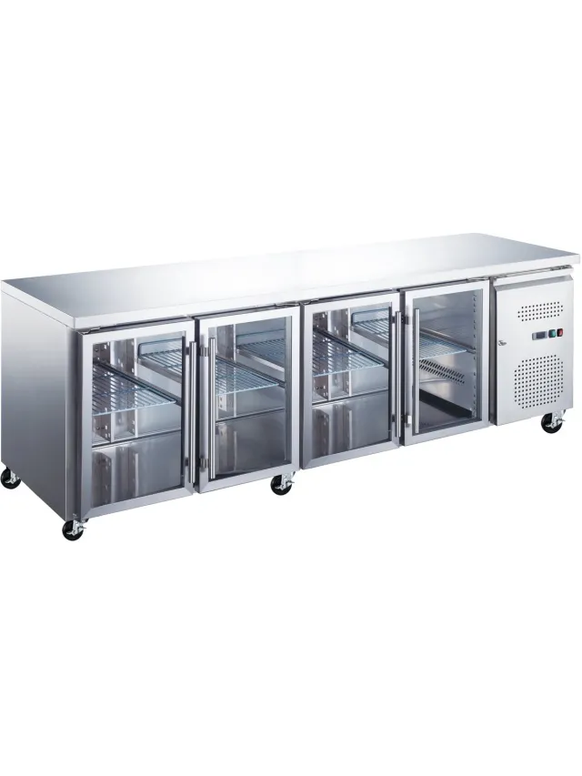 Maxima Koelwerkbank - 553 L - 223 cm - 4 Glazen Deuren Roestvrij staal