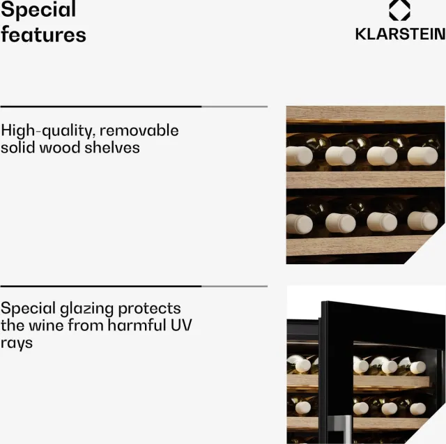 Klarstein Wijnkoeler Vinsider Duo - 79 flessen, 2 zones, 5-22 °C, touchscreenbediening, ledverlichting, UV-bescherming, inbouwmodel, zwart - Wijnkoelkast - 204L - voor Wijnliefhebber voor Bar - Houten Schappen Compressor