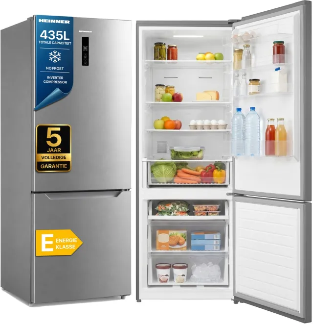 Heinner HCNF-M435INVXE++ Koel-vriescombinatie RVS 435 L – No Frost – Vrijstaand – LED-display met Supervriezen & Superkoelen – Omkeerbare Deuren – 5 Jaar Garantie Zilver