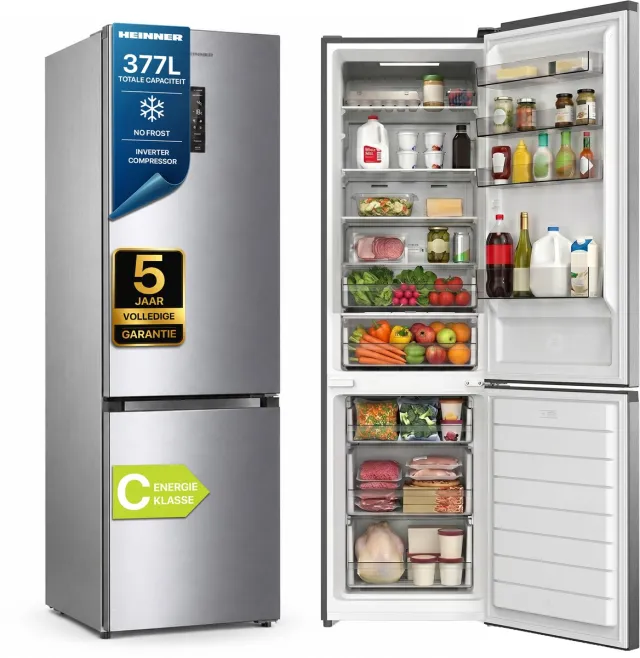 Heinner HCNF-HM377INVXC Koel-vriescombinatie 377 L – Full No Frost – Touchbediening met LED-display – Holiday-functie – Super-functie – RVS – 5 Jaar Garantie