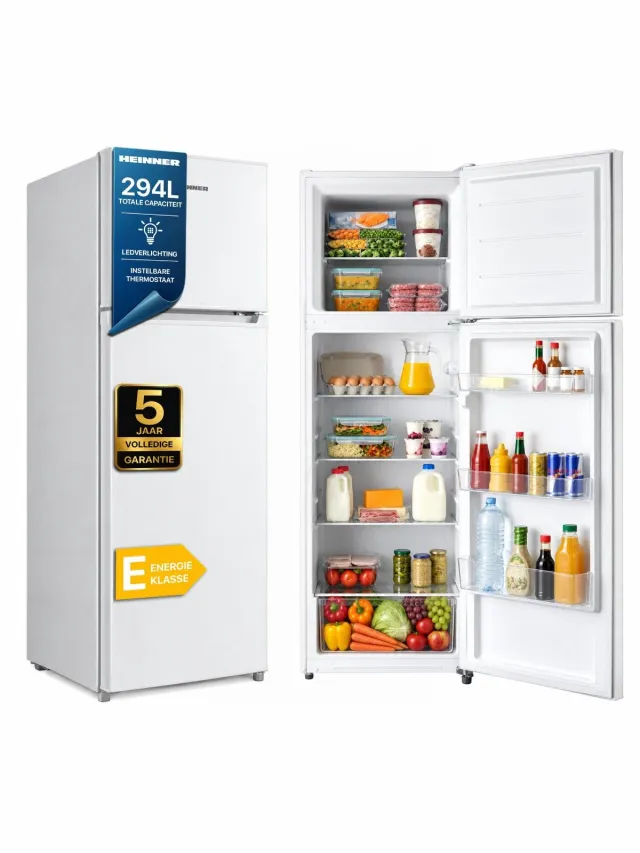 Heinner HF-M294E++ Koel-vriescombinatie – 294 L – LED-verlichting – Instelbare Mechanische Thermostaat – Omkeerbare Deur – Wit – 5 Jaar Garantie