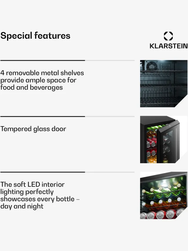 Klarstein Bevora drankenkoelkast 62 L – Drankenkoeling met glazen deur, touch bediening, ledverlichting, regelbare temperatuur 1-12 °C, 2 schappen Zwart