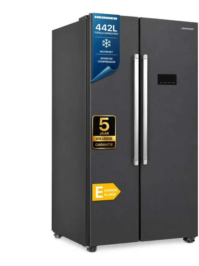 Heinner HSBS-HM442NFINVDGE++ American Side-by-Side Koelkast 442 L – Total No Frost – Inverter Compressor – Touchbediening – Supervriezen – Open-deur Alarm – Vingerafdrukbestendige Afwerking – Antracietgrijs – 5 Jaar Garantie