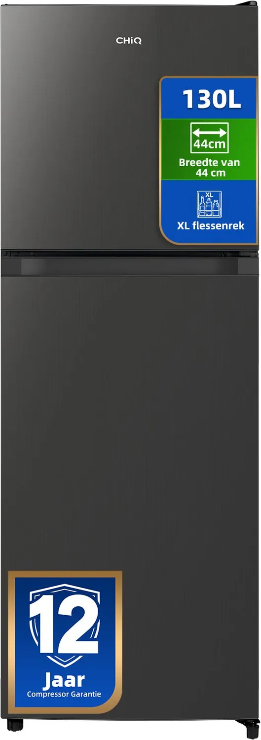 chiq CTM130LGE - Koel-vriescombinatie - 130 Liter - Vriesvak Boven - 44cm Slim Design - Defrost - 12 jaar garantie op compressor - Nieuw 2026 Zwart