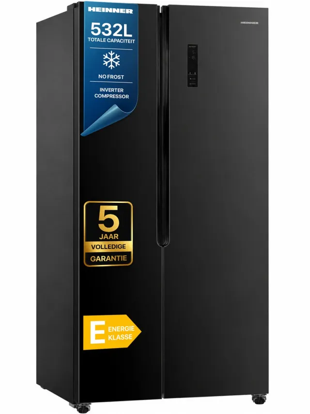 Heinner HSBS-HM532NFGBKE++ Amerikaanse Side-by-Side Koelkast – 532 L – No Frost – Smart Eco Functie – Snel Koelen – Deur-alarm – Zwart Glas – 5 Jaar Garantie