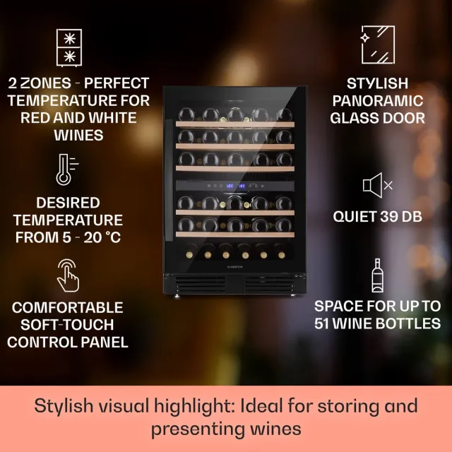 Klarstein Vrijstaande Wijnkoelkast 2 Zones, Kleine Drankenkoelkast, Kleine Wijnkast, Kleine Wijnkoelkast Met Glazen Deur, Outdoor Flessenkoelkast, Wine Fridge 5-20°C, 51 Flessen - Wijnklimaatkast - 59.5 cm - voor Bar - voor Champagne Zwart
