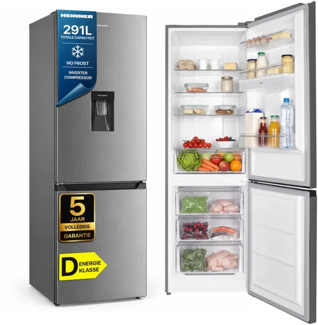 Heinner HCNF-HM291INVXWDD Koel-vriescombinatie – 291 L – Total No Frost – Inverter Compressor – Waterdispenser – Instelbare Thermostaat – LED-verlichting – RVS – 185 cm – 5 Jaar Garantie