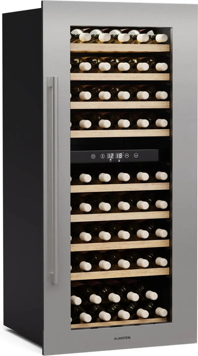 Klarstein Wijnkoeler Vinsider Duo Wijnkoelkast - 79 Flessen - 2 Koelzones - UV-Bescherming - 9 Schappen - Touch - Wijnklimaatkast - Roestvrij Staal - 204L - voor Wijnliefhebber voor Bar - Houten Schappen Compressor Inbouw