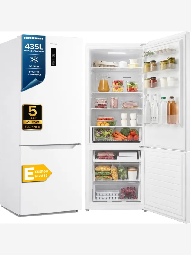 Heinner HCNF-M435INVE++ Koel-vriescombinatie Wit 435 L – No Frost – Vrijstaand – LED-display met Supervriezen & Superkoelen – Omkeerbare Deuren – 5 Jaar Garantie