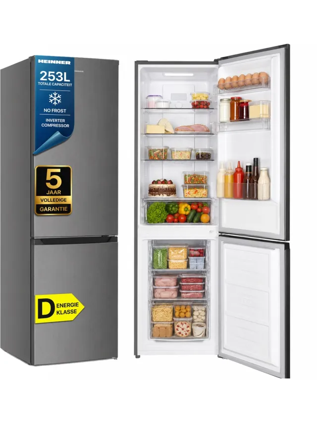 Heinner HCNF-HM253INVXD Koel-vriescombinatie – 253 L – Total No Frost – Inverter Compressor – Energieklasse D – Elektronische Bediening met Instelbare Thermostaat – LED-verlichting – RVS – 5 Jaar Garantie
