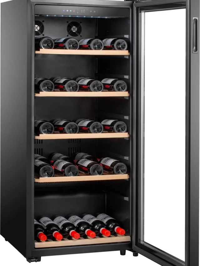Caviss S1102CBEG Wijnkoelkast- 1 Temperatuurzone - 102 Flessen - 39 dB - H 124 cm - B 54 cm - LED verlichting Zwart 102 Flessen