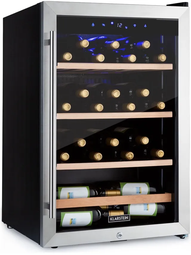 Klarstein Wijnkoelkast, Drankenkoelkast smal, Koelkast met glazen deur, Drankenkoelkasten vrijstaand, Wijnkoelkast klein, Wijnkoelkasten 1 zone, Uv-bescherming, 4-18 °C, 48 flessen Zwart