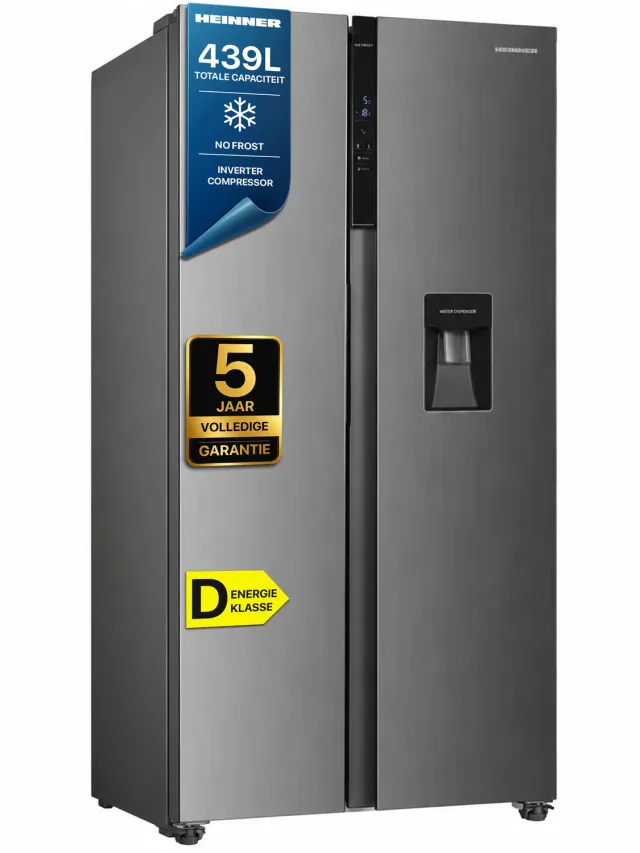Heinner HSBS-HM439NFINVXWDD American Side-by-Side Koelkast met Waterdispenser 439 L – Smart-functie – ECO-functie – Deur-alarm – RVS – 5 Jaar Garantie