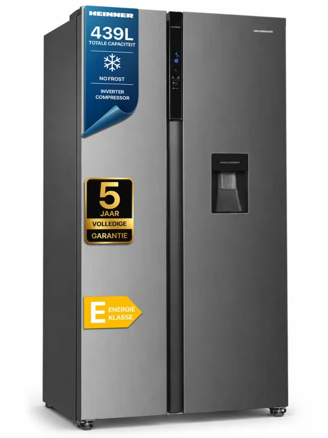 Heinner HSBS-H439NFXWDE++ Amerikaanse Side-by-Side Koelkast met Waterdispenser – 439 L – Full No Frost – LED Touch Display – Smart Eco Functie – RVS – 5 Jaar Garantie