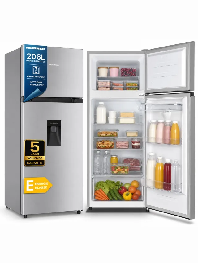 Heinner HF-HS205SWDE++ Koel-vriescombinatie met Waterdispenser – 206 L – LED-verlichting – Omkeerbare Deur – Zilver – 5 Jaar Garantie