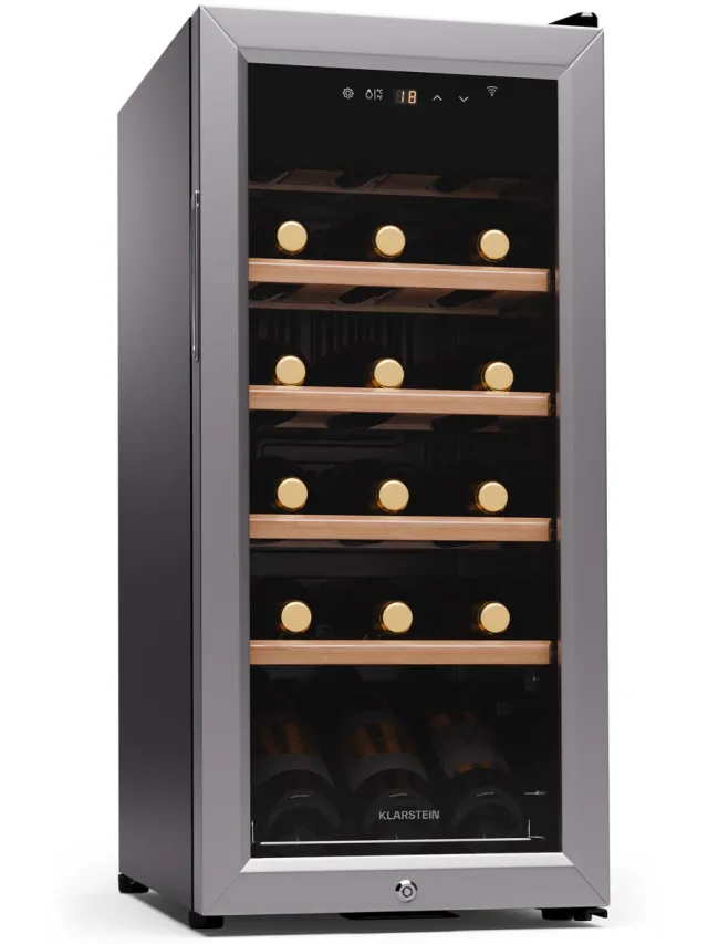 Klarstein Wijnkoelkast, 1-zone Drankkoelkast, Stille Indoor/Outdoor Koelkast, 50 Liter, Voor 18 Flessen, 5–18 °C - 44 cm - voor Wijnliefhebber voor Bar - Touch UV-Bescherming - Display WiFi - Wijnklimaatkast - Wijnkast - Wine Cooler Zilver Metallic