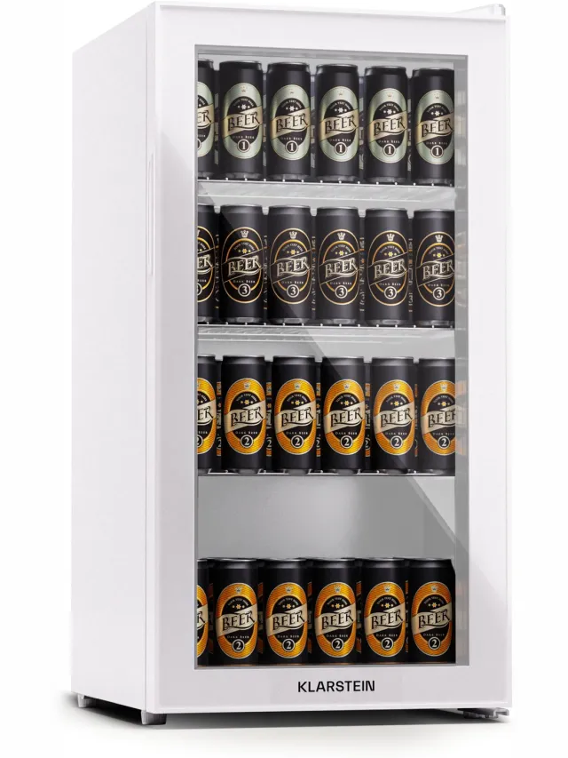 Klarstein koelkast met glazen deur, stille roestvrijstaal koelkast, indoor/outdoor drankenkoelkast, smalle wijnkoelkast voor dranken, 74L koelkast met uitneembare schappen, 3-18°C Wit