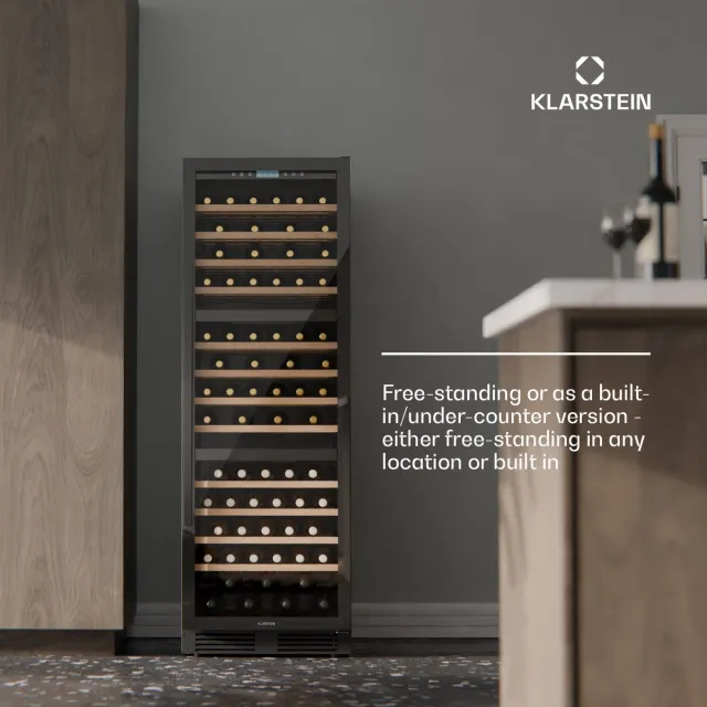 Klarstein Wijnkoeler Vinovilla Trio – 143 flessen, 3 zones, 5–20 °C, LED-verlichting, UV-bescherming, vrijstaand, klimaatkast voor wijn - Wijnkoelkast - 143 Flessen - voor Wijnliefhebber voor Bar - Touch Stil Houten Schappen Compressor - Zwart