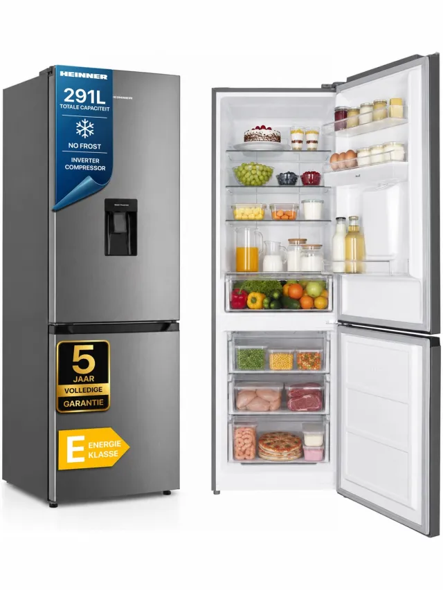 Heinner HCNF-HM291INVXWDE++ Koel-vriescombinatie RVS – 291 L – No Frost met Waterdispenser – Vrijstaand – 5 Jaar Garantie