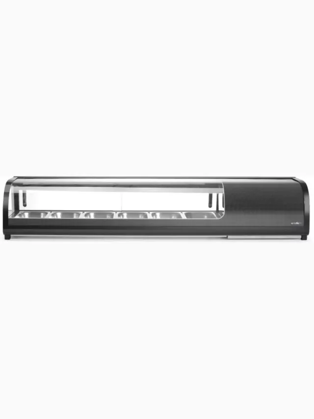 Arktic Hendi Sushi display- Arktic- Inclusief containers: 6x GN 1/3 (H) 40 mm.- GN 1/3- Zwart- 220-240V/190W- 1529x426x(H)296mm rvs