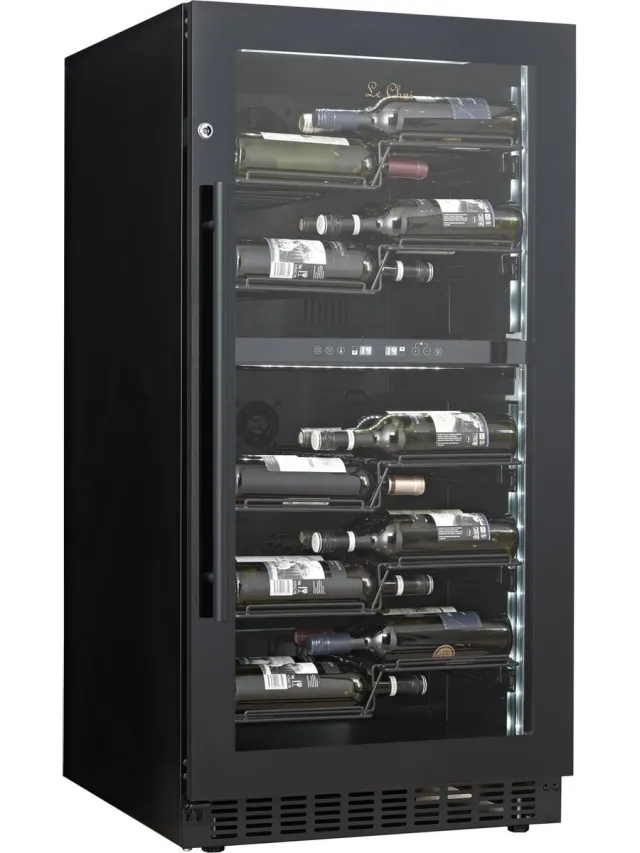 Le Chai PRO560B - Wijnkoelkast met Labelview- 56 Flessen - 2 Temperatuurzones 5 à 20 °C - 5 rolplateaus - Koolstoffilter - Slot - Zijdelingse LED verlichting - H 120 cm zwart 2T° met zwarte handgreep