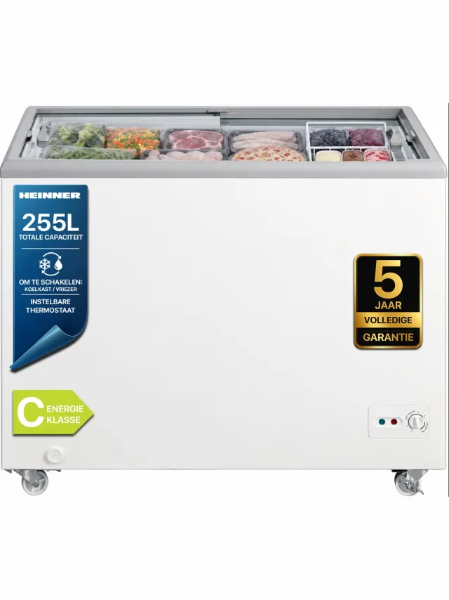 Heinner HSF-M255WHC Vrieskist – 255 L – Schuifglasdeksel – Convertible (Vriezer/Koelkast) – Mechanische Bediening – Wit – 5 Jaar Garantie