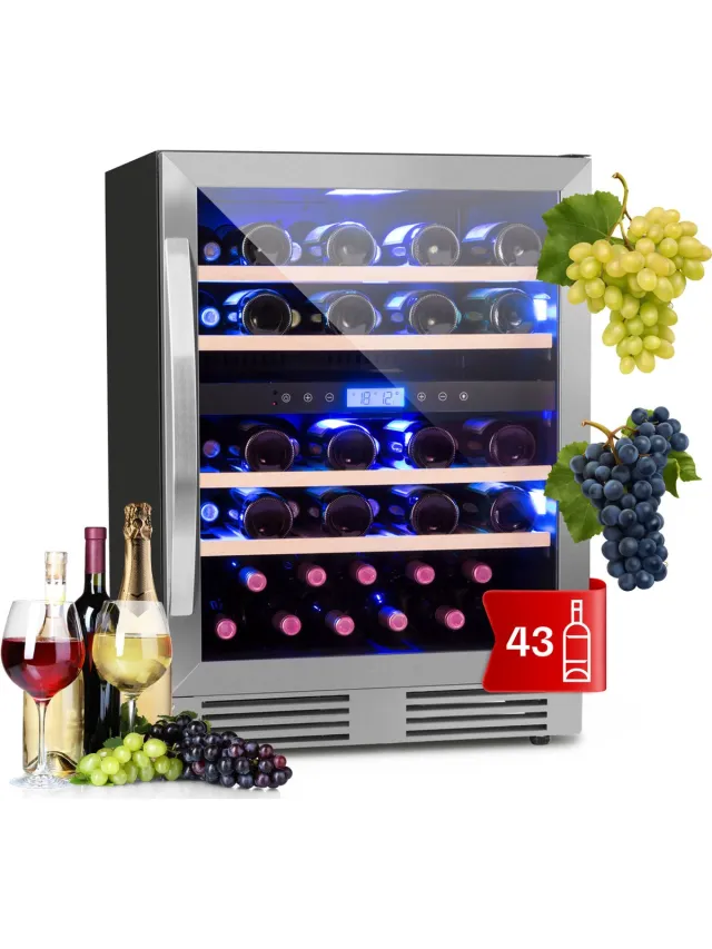 Klarstein Wijnkoeler Inbouw , Drankenkoeler met 2 Zones, Kleine Wijnkast 129L, Kleine Wijnkoeler met Glazen Deur, Flessenkoeler voor Binnen/Buiten, Wijnkoelkast voor 43 Flessen - 60 cm - Vrijstaand - Zilver - Wijnklimaatkast - Wine Cooler Roestvrij Staal
