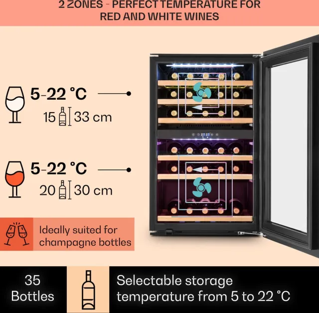 Klarstein Wijnkoelkast 2 zones, 128L drankenkoelkast, Kleine inbouw wijnkast smal, Wijnkoelkast met glazen deur, Outdoor flessenkoelkast, Wine Fridge 5-22°C, 41 flessen Roestvrij Staal