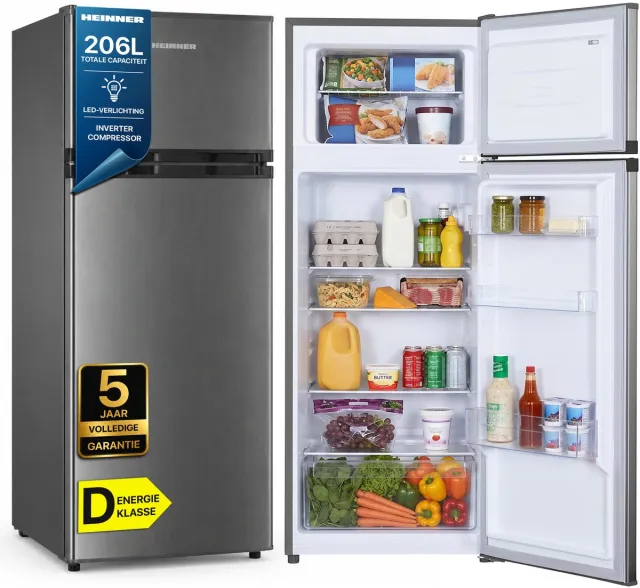 Heinner HF-HM2206INVXD Koel-vriescombinatie 206 L – Inverter – Mechanische Instelbare Thermostaat – LED-verlichting – Omkeerbare Deur – RVS – 5 Jaar Garantie