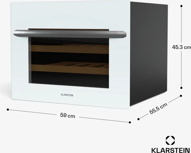 Klarstein Vinsider 24 Built-In Uno Inbouw-wijnkoelkast - 24 flessen, 1 zone, 5-20 °C, LED-verlichting, UV-bescherming, Houten legborden, Stil, Energiezuinig, Wit, Glazen deur