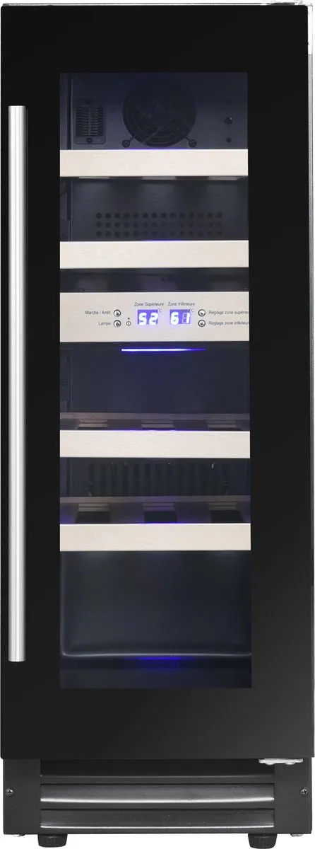 Le Chai LBN 178 - Wijnklimaatkast 2 zones - 29.5 cm breed - Zwart glas -17 Flessen - H 88 cm - 38 dB (Stil) - Inbouw of vrijstaand gebruik