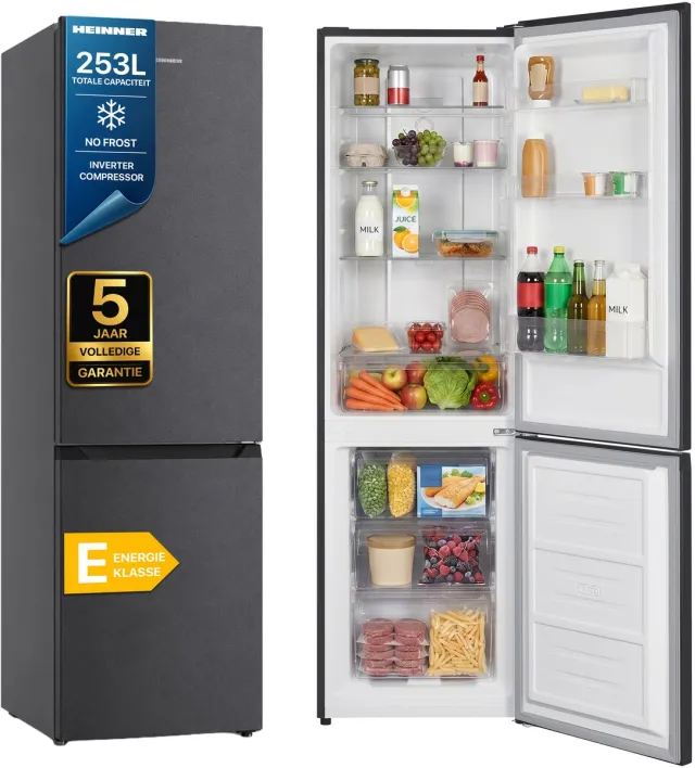 Heinner Koel-vriescombinatie 253 liter – No Frost – Vrijstaand – 39 dB – Energielabel E – Supervriezen – Antracietgrijs – Inverter – 5 jaar garantie