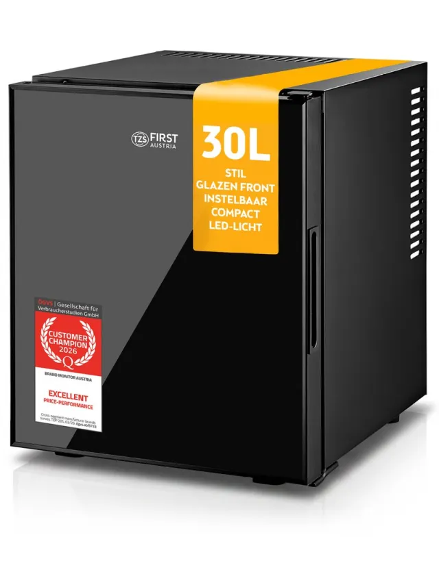 TZS FIRST AUSTRIA Mini-koelkast 30L, Stil 22dB(A), Glazen Deur Zwart