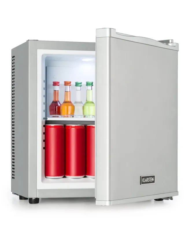 Klarstein minikoelkast voor in de kamer, minikoelkast van 13 liter voor drankjes en cosmetica, kleine minibar, kleine en stille koelkast, verstelbare plank, kleine koelkast voor huidverzorgingsproducten 5-15 °C Zilver Metallic