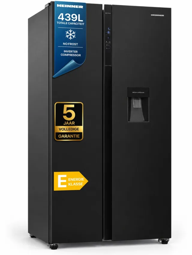 Heinner HSBS-H439NFBKWDE++ Amerikaanse Side-by-Side Koelkast met Waterdispenser – 439 L – Full No Frost – LED Touch Display – Smart Eco Functie – Zwart – 5 Jaar Garantie