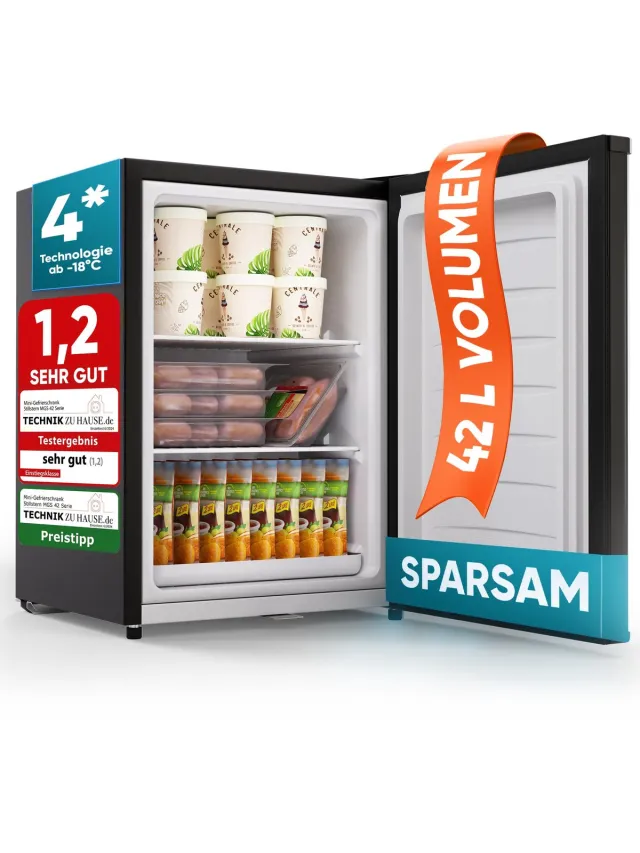 Stillstern Mini vriezer - Klein & Stil - 42 l, mini-diepvrieskist -18 °C met ijsblokjesbakje & slot - Deurscharnier rechts/links - 4-sterren diepvrieskast kleine diepvriezers [energieklasse E] Schwarz