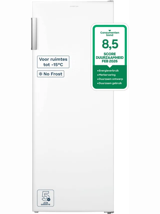 Inventum VR1430W No Frost kastmodel vriezer energiezuinig - 161 liter - 143 cm hoog - Supervriezen - Energielabel C - Geschikt voor garage en schuur tot -15°C - Diepvrieskast - Vrijstaand - 5 lades/vakken - Wit