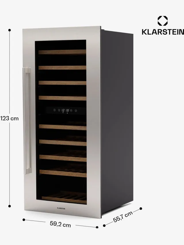 Klarstein Wijnkoeler Vinsider Duo Wijnkoelkast - 79 Flessen - 2 Koelzones - UV-Bescherming - 9 Schappen - Touch - Wijnklimaatkast - Roestvrij Staal - 204L - voor Wijnliefhebber voor Bar - Houten Schappen Compressor Inbouw - Zwart