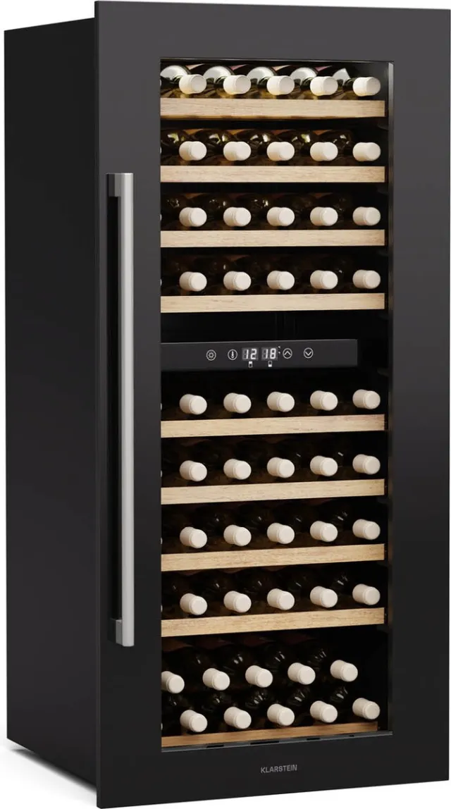 Klarstein Wijnkoeler Vinsider Duo - 79 flessen, 2 zones, 5-22 °C, touchscreenbediening, ledverlichting, UV-bescherming, inbouwmodel, zwart - Wijnkoelkast - 204L - voor Wijnliefhebber voor Bar - Houten Schappen Compressor
