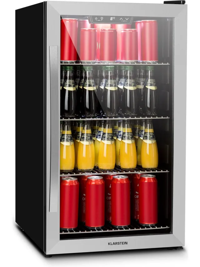 Klarstein Drankkoeler minikoelkast met glazen deur, minikoelkast voor kamers, kleine met verstelbare planken, kleine koelkast van 124 liter, stille koelkast voor binnen en buiten - Drankkoelkast Drankenkoelkast - Touch Display - RVS Zilver