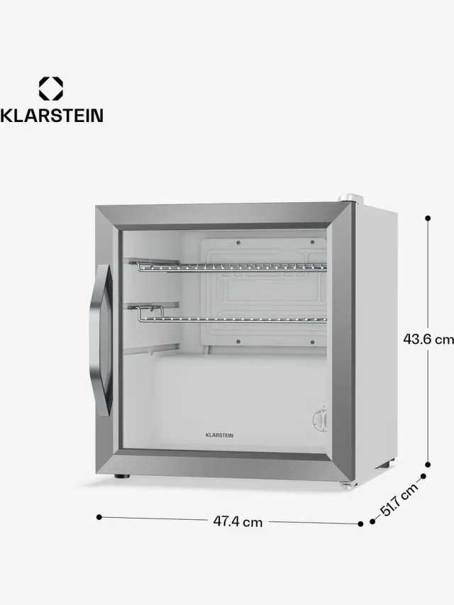 Klarstein drankkoelkast met glazen deur - 47 liter mini-drankkoelkast, ledverlichting, dubbel glas, verstelbare planken, 0-13 °C, onderbouw, stil Zilver