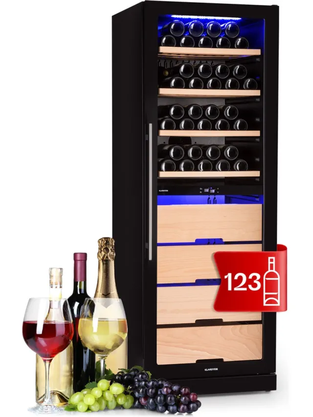 Klarstein wijnkoeler, slanke drankkoeler, 2-zone koelkast met glazen deur, vrijstaande drankkoeler, kleine wijnkoeler, wijnkoelers met UV-bescherming, 5-18 °C, 123 flessen Zwart