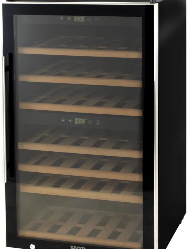 HCB Professionele luxe Wijnkoelkast met 2 zones - 66 flessen - Wijnklimaatkast met houten lades - Vrijstaand wijn koelkast - Klimaatkast - Wijnkast - Wijnfrigo koeler - 57 kg - Frigo - 6817 Zwart - 66 flessen - 2 zones
