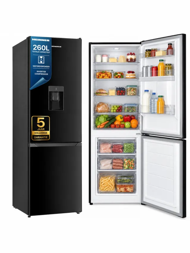 Heinner HC-HM260INVBKWDD Koel-vriescombinatie met Waterdispenser – 260 L – Inverter Compressor – Energieklasse D – Elektronische Bediening met Instelbare Thermostaat – Omkeerbare Deuren – Zwart – 5 Jaar Garantie
