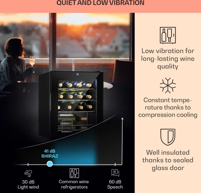 Klarstein wijnkoeler, kleine drankkoeler met 1 zone, kleine wijnkast 42 liter, kleine wijnkoeler met glazen deur, flessenkoeler voor binnen en buiten, wijnkoelkast 5-18 °C, 16 flessen - 45 cm - Touch - Display - Wijnklimaatkast Zwart
